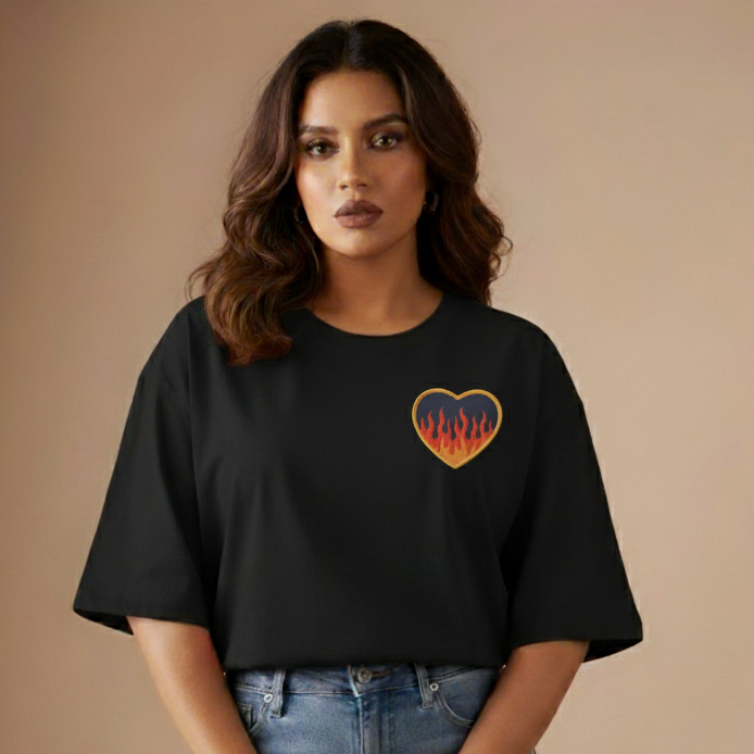 Burning Heart Embroidered Oversized T-Shirt