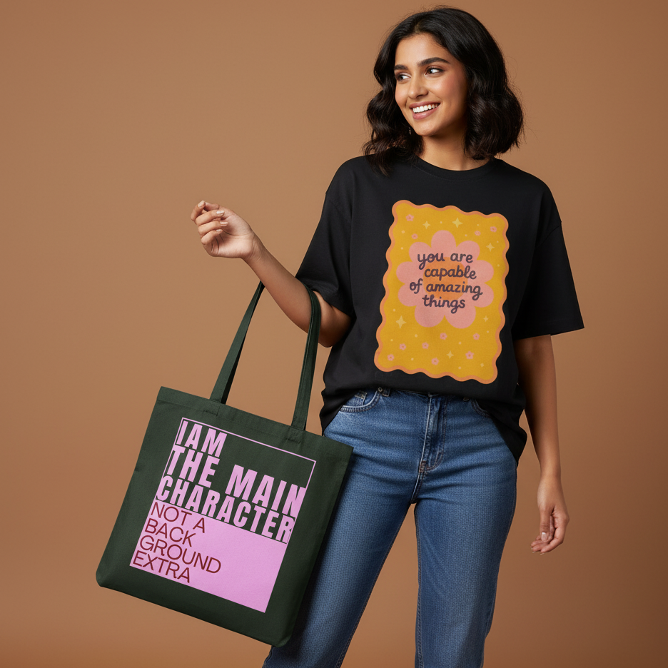Main Character Quote Black Zipper Tote Bag with Pink & Red Font