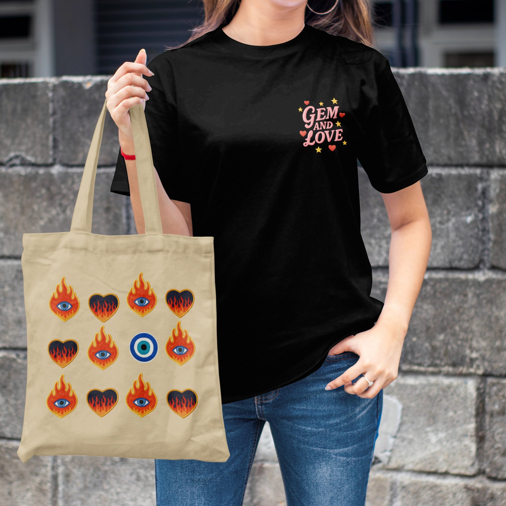 “Flaming Hearts & Evil Eye” Zipper Tote Bag