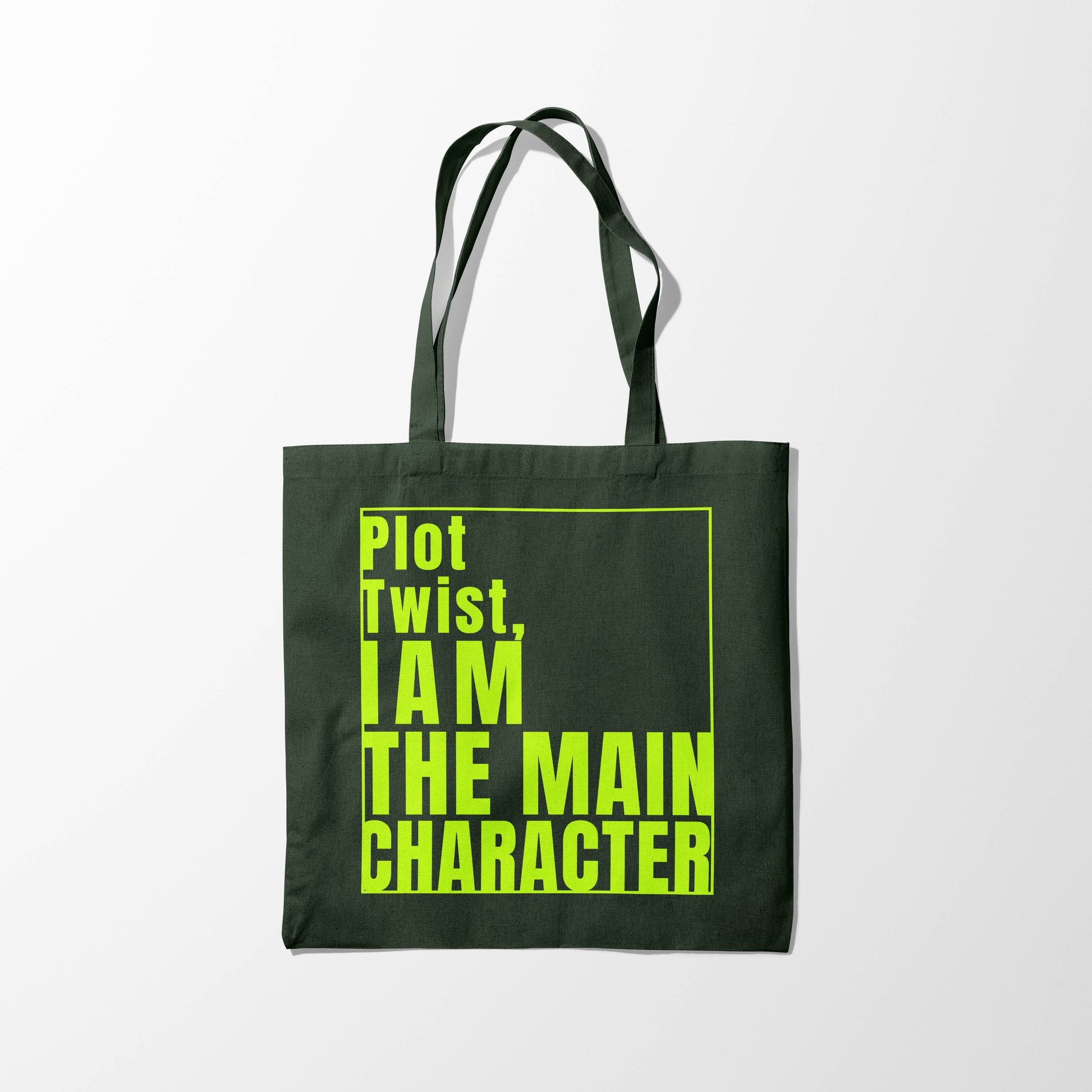 Plot Twist Main Character Zipper Tote Bag with Neon Green Font