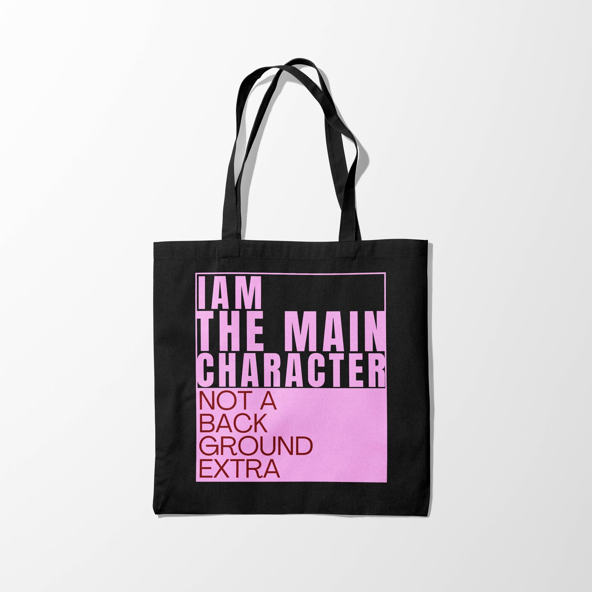 Main Character Quote Black Zipper Tote Bag with Pink & Red Font