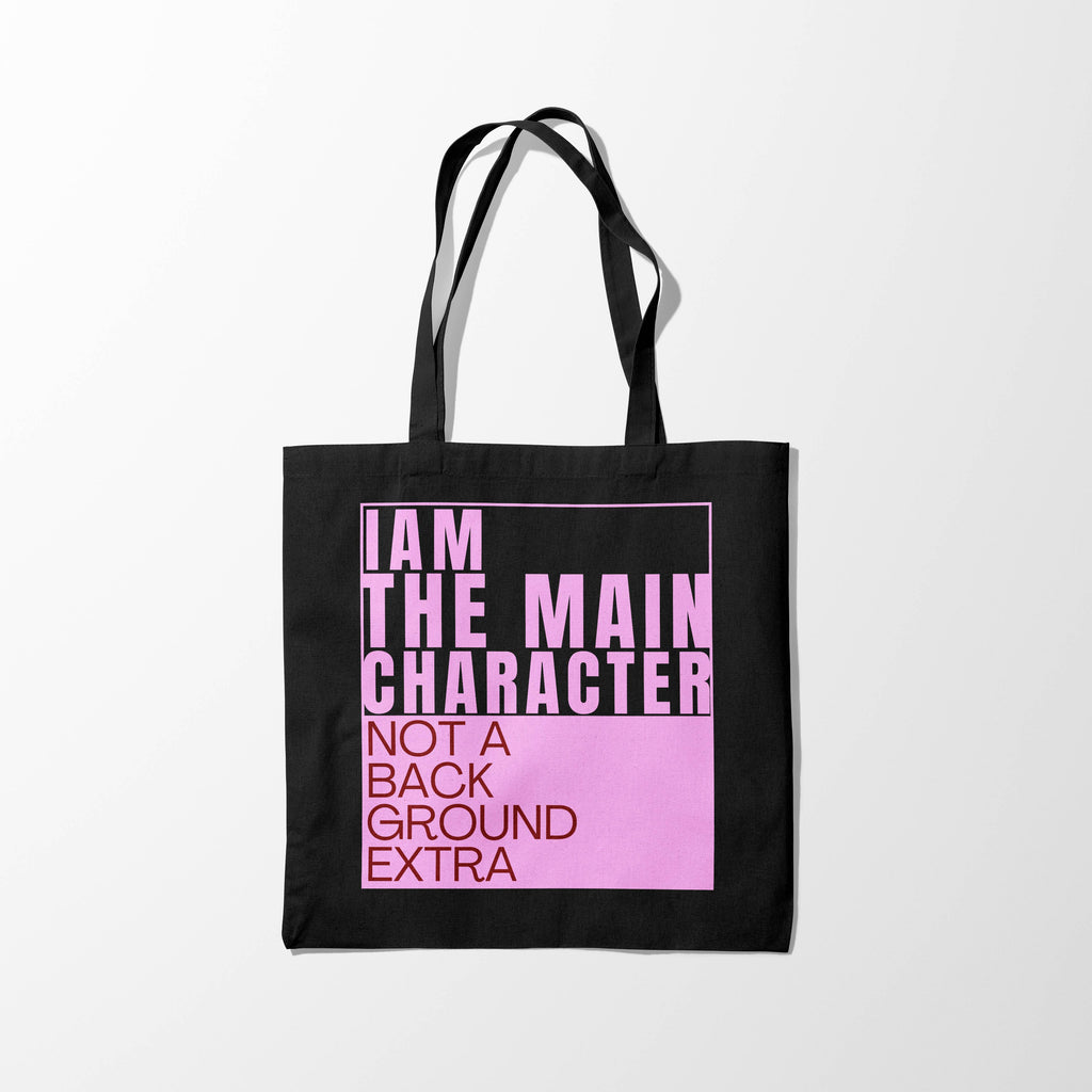 Main Character Quote Black Zipper Tote Bag with Pink & Red Font