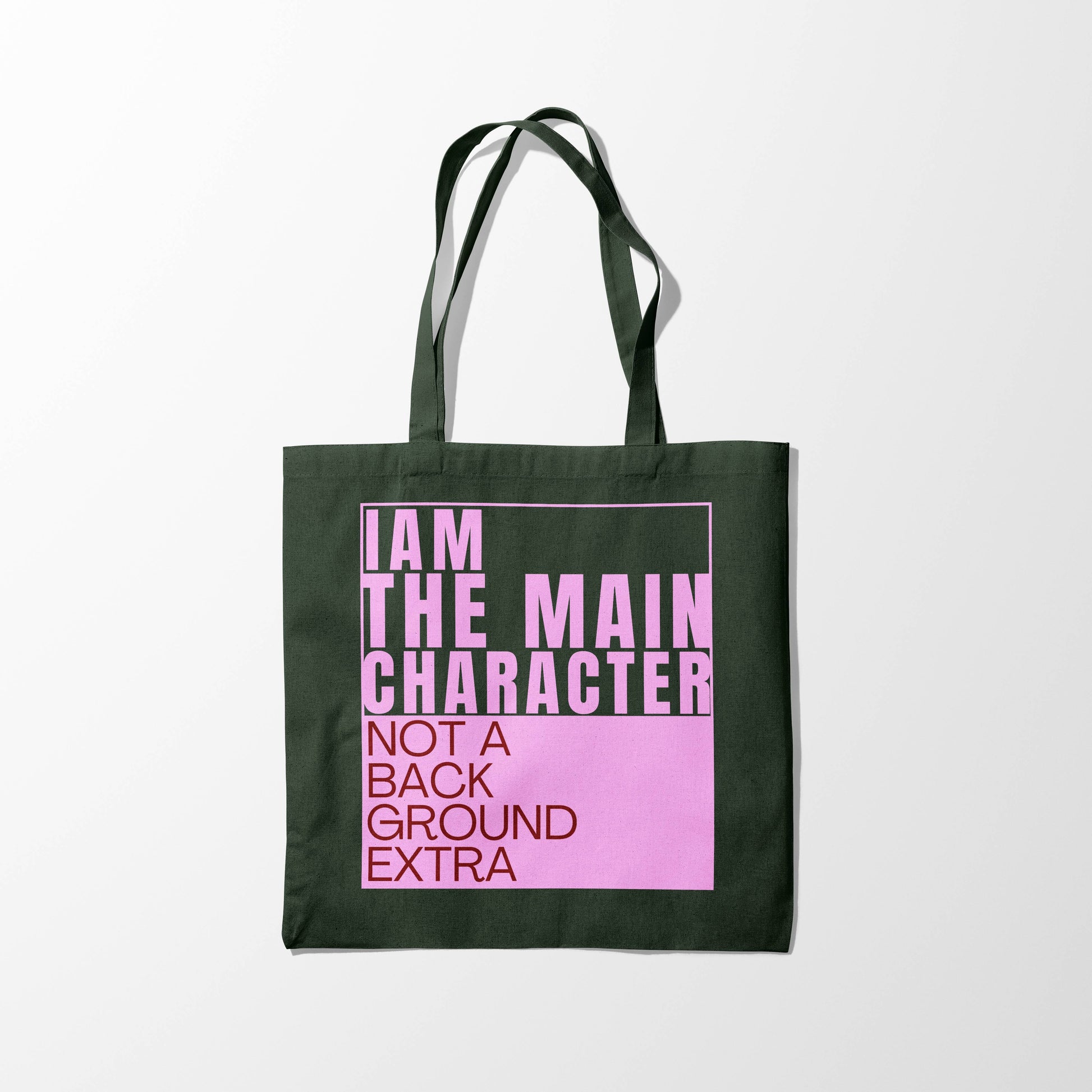 Main Character Quote Black Zipper Tote Bag with Pink & Red Font