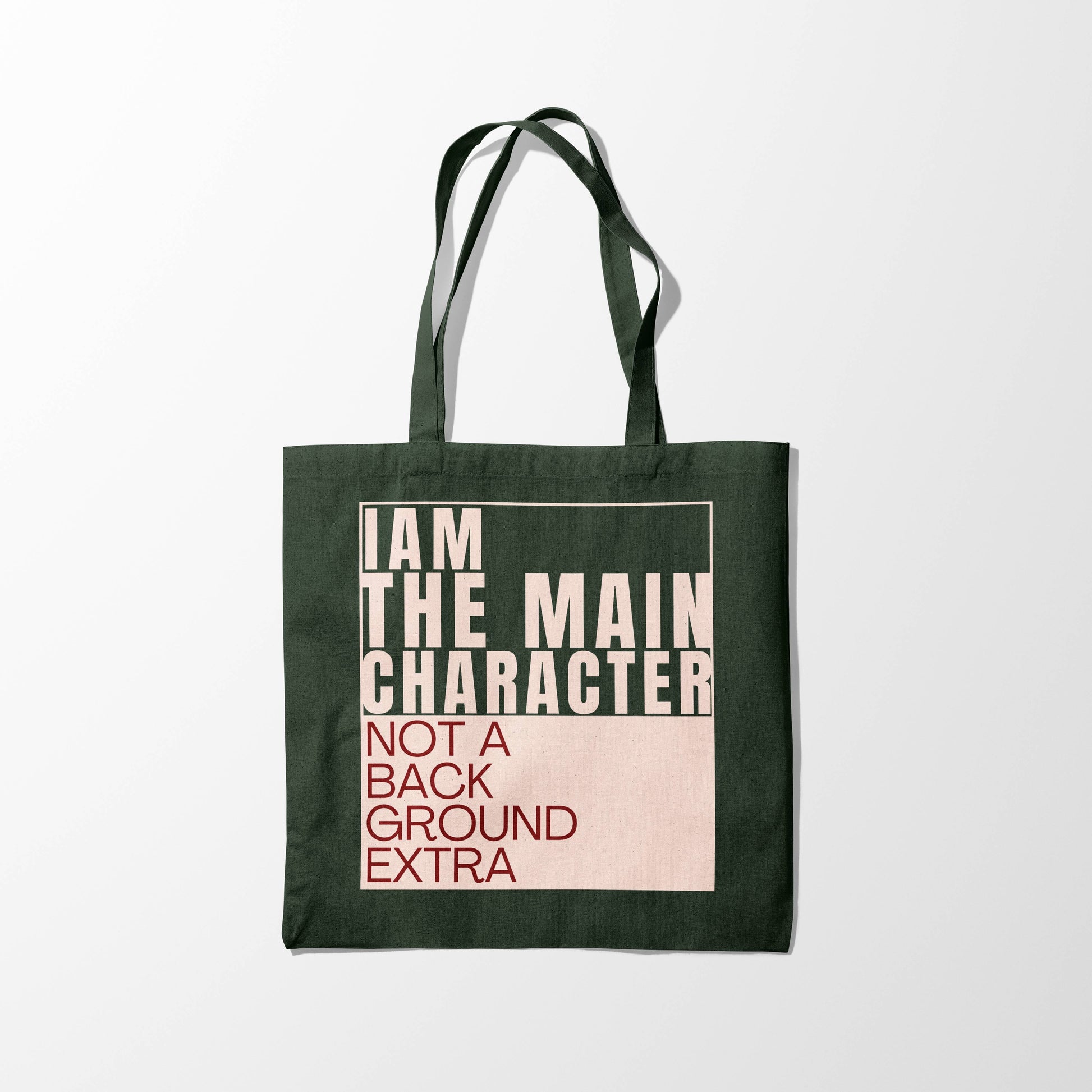 Main Character Quote Zipper Tote Bag with Beige & Red Font