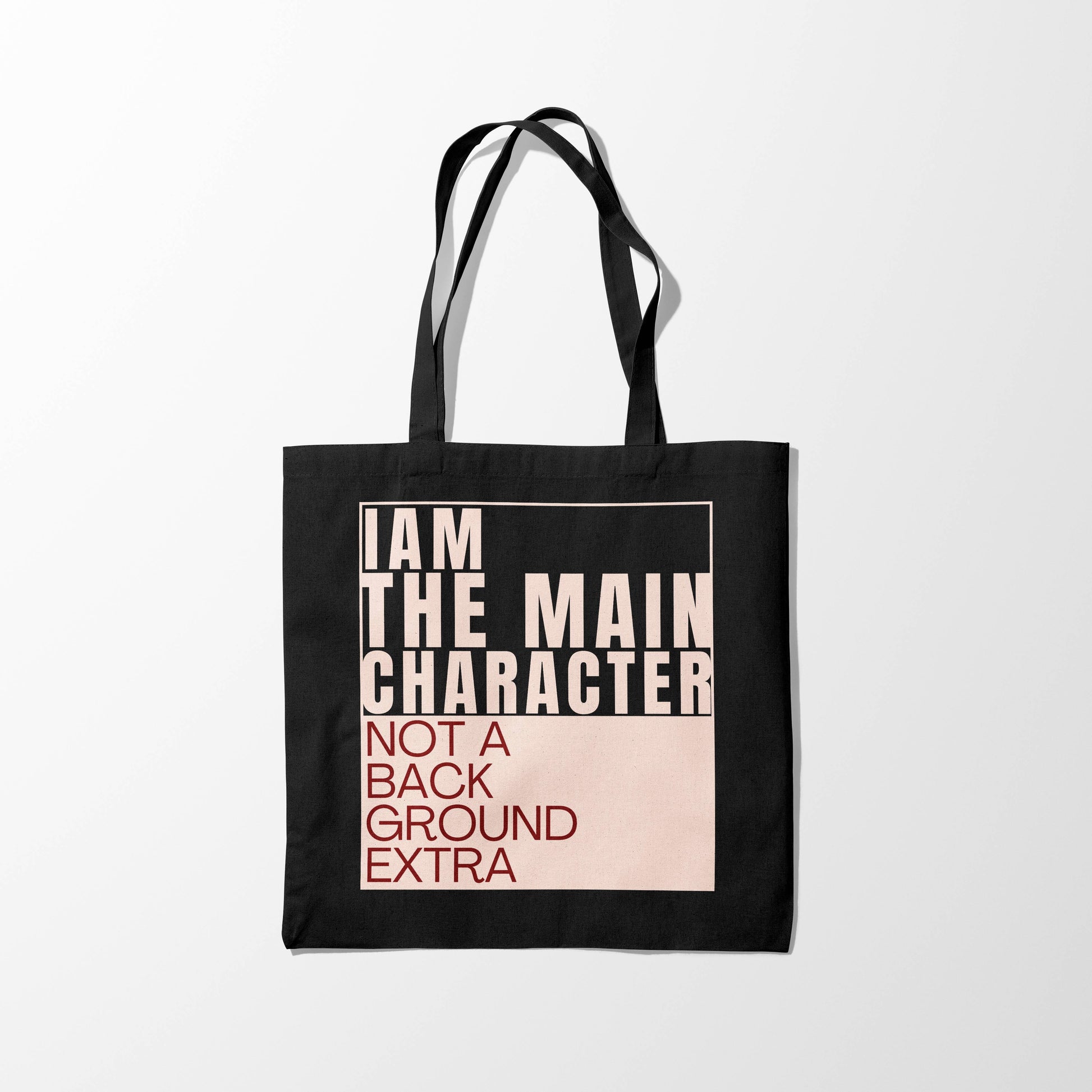 Main Character Quote Zipper Tote Bag with Beige & Red Font