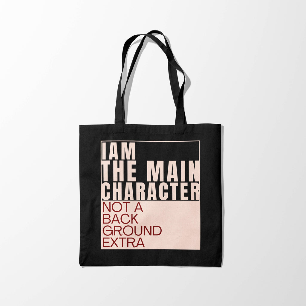 Main Character Quote Zipper Tote Bag with Beige & Red Font
