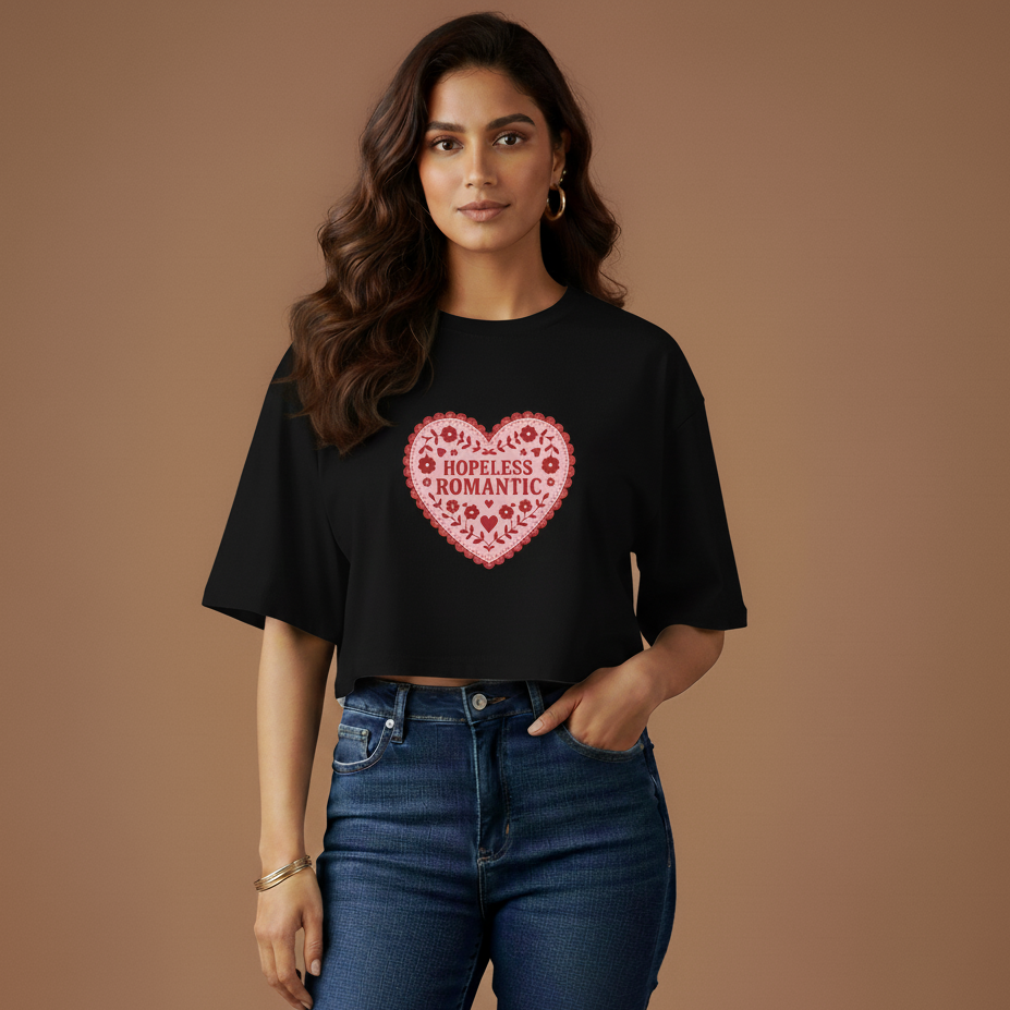 Woman wearing a black t-shirt with a pink heart design on a brown background