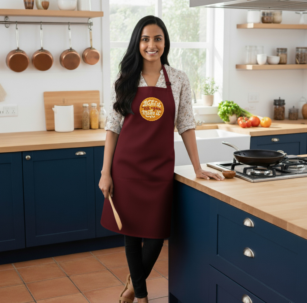 Woman wearing a maroon apron with a logo in a kitchen