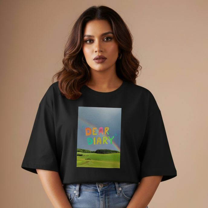 Dear Diary Oversized T-Shirt – Rainbow Sky Print
