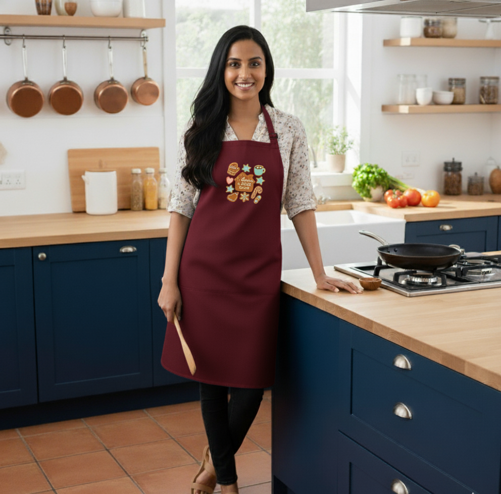 Woman wearing a maroon apron with a kitchen background