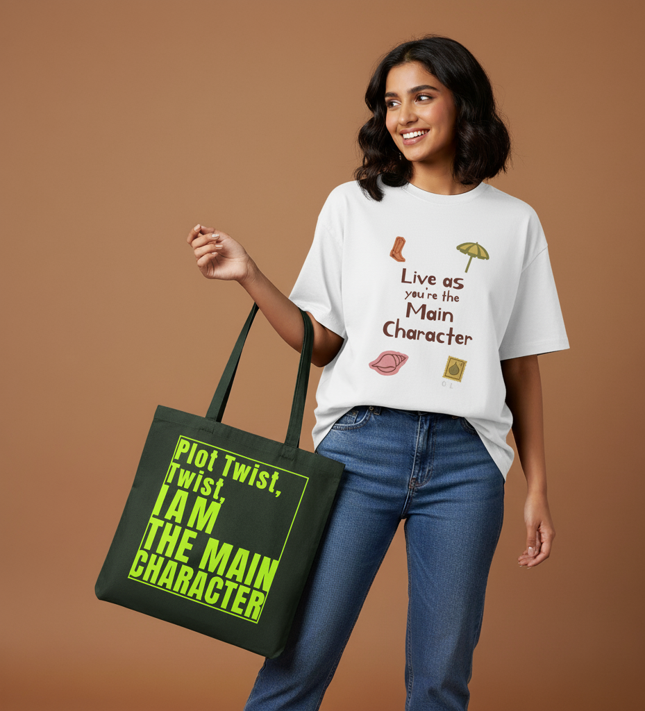 Woman holding a tote bag with motivational text against a brown background