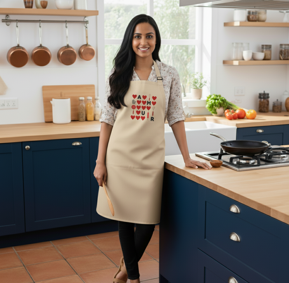 Woman wearing a beige apron with heart designs in a kitchen.