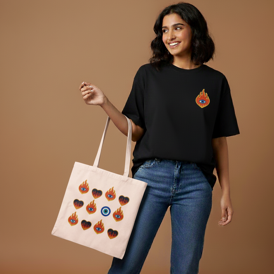 “Flaming Hearts & Evil Eye” Zipper Tote Bag