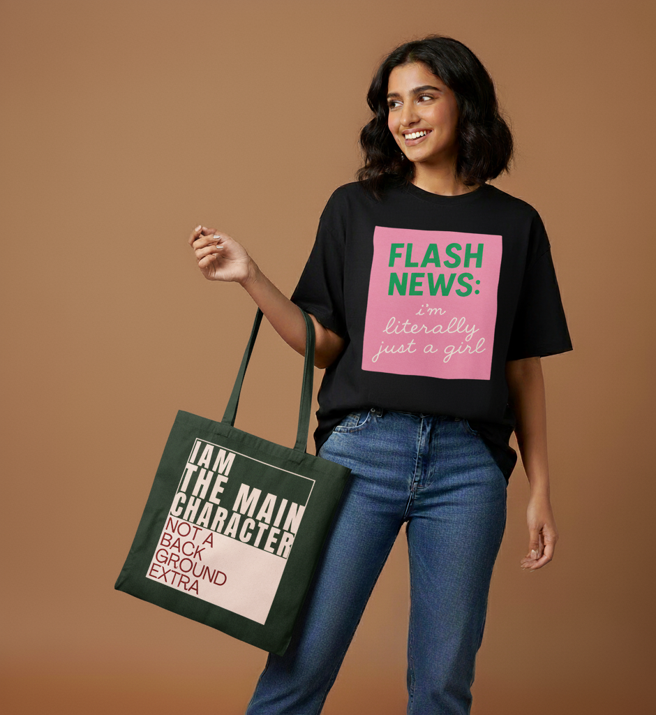 Main Character Quote Zipper Tote Bag with Beige & Red Font
