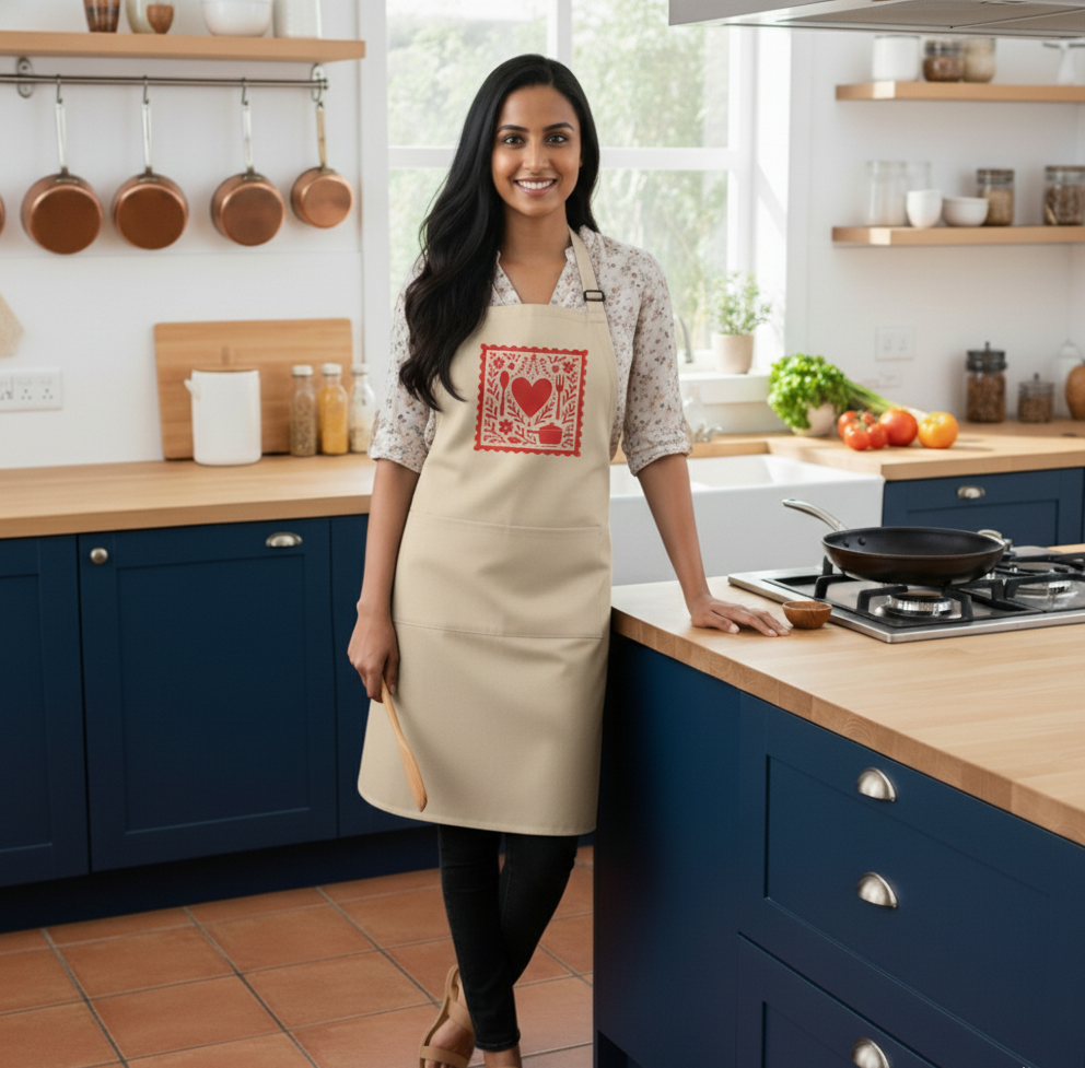 Woman wearing a beige apron with a red heart design in a kitchen.