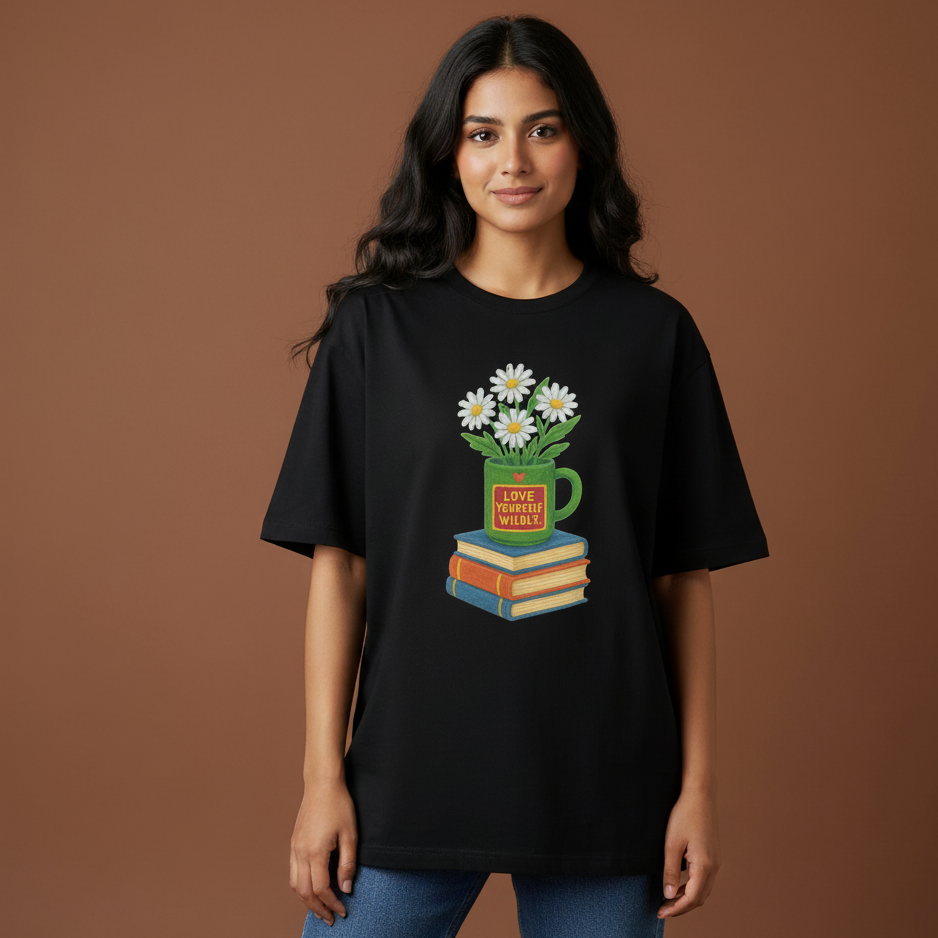 Woman wearing Love Yourself wildly Oversized t-shirt 