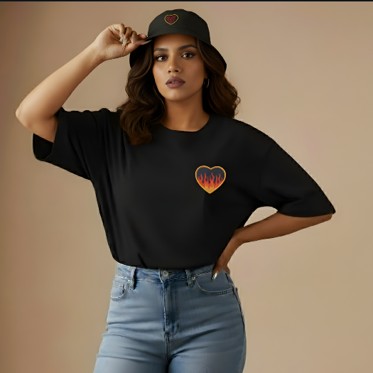 Woman wearing a black t-shirt and cap with a heart design on a beige background