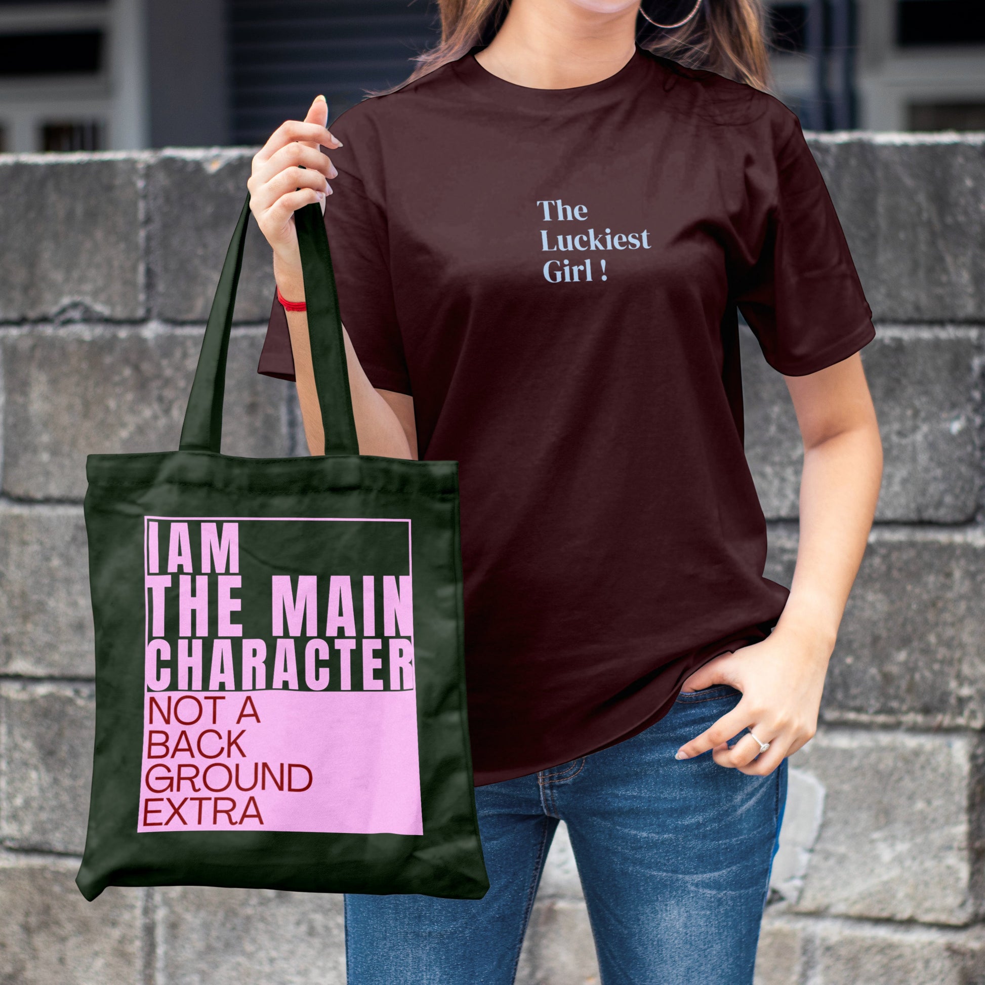Main Character Quote Black Zipper Tote Bag with Pink & Red Font