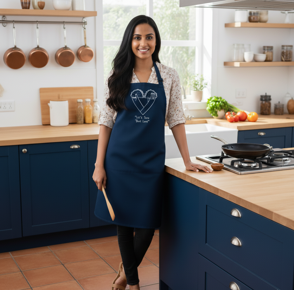 Woman wearing a navy apron with a heart design in a kitchen.