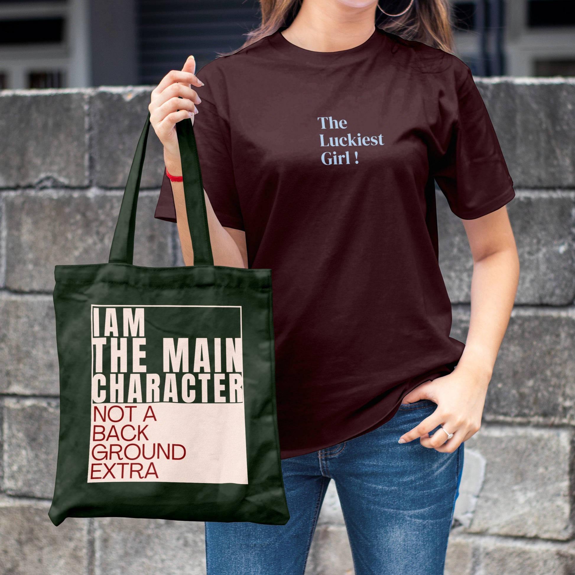Main Character Quote Zipper Tote Bag with Beige & Red Font