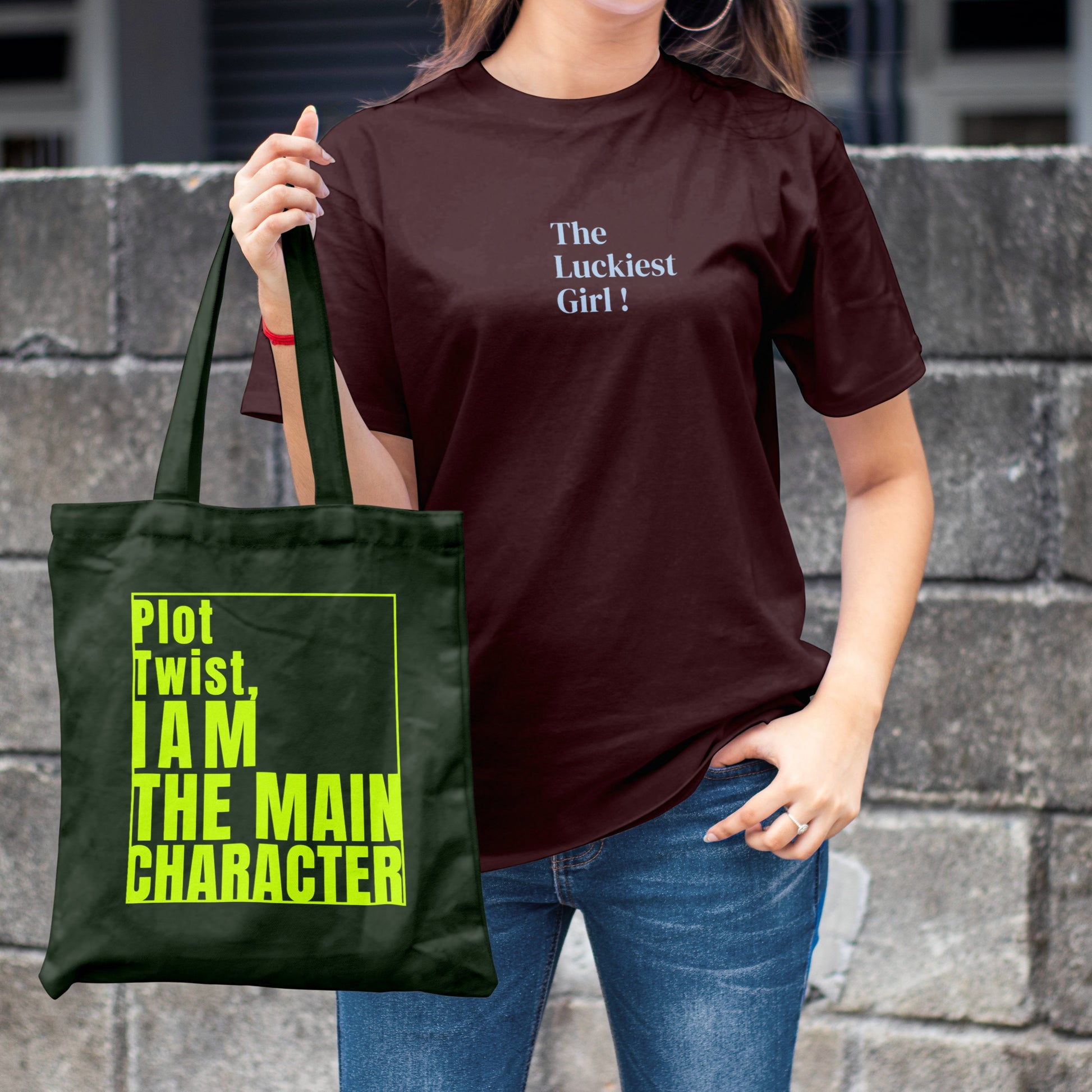 Plot Twist Main Character Zipper Tote Bag with Neon Green Font